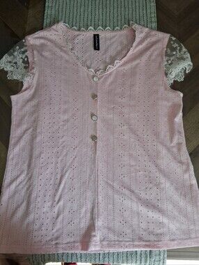 Light Pink Eyelet Button-Front Blouse with Lace Cap Sleeves
